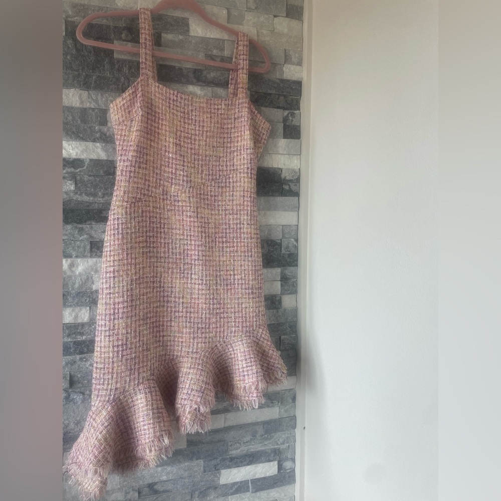 Women LIKELY Manon pink & yellow tweed dress-asymmetrical ruffled hem-Sz 2